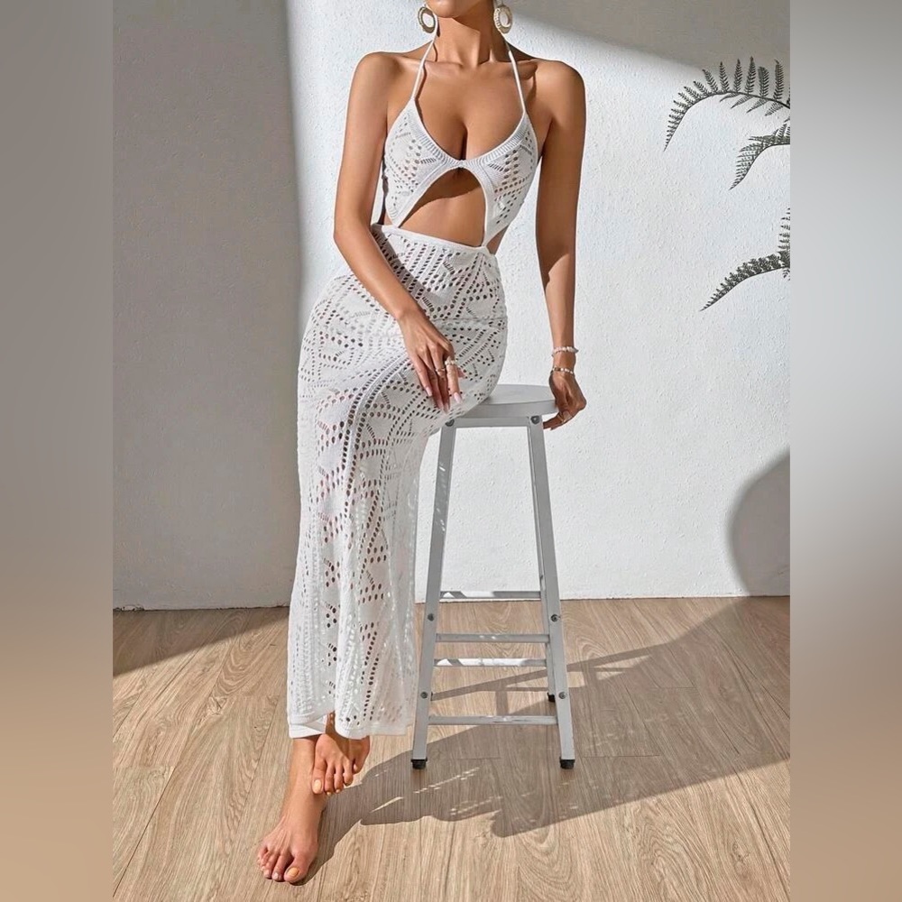 Cut Out Tie Backless Halter Neck Cover Up Dress - Picture 2 of 7